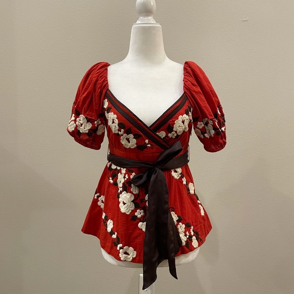 Anthropologie red floral puff sleeve blouse - Picture 4 of 13